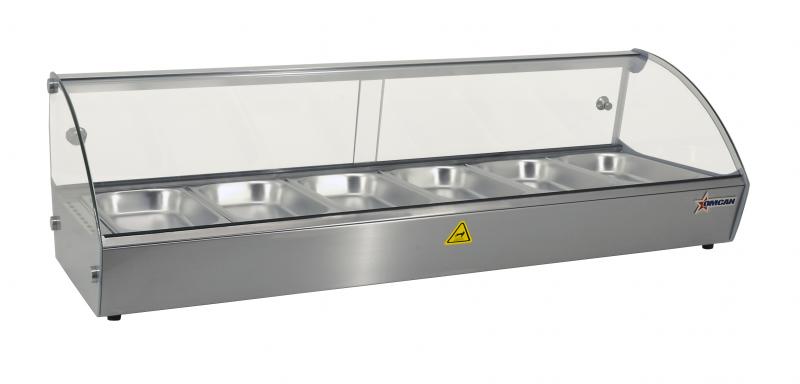 Omcan DW-CN-0006 44 In. Countertop Display Warmer, Curved Glass, 6 Pans, Double Sliding Doors, Stainless Steel