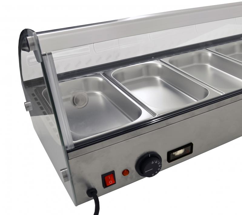 Omcan DW-CN-0006 44 In. Countertop Display Warmer, Curved Glass, 6 Pans, Double Sliding Doors, Stainless Steel