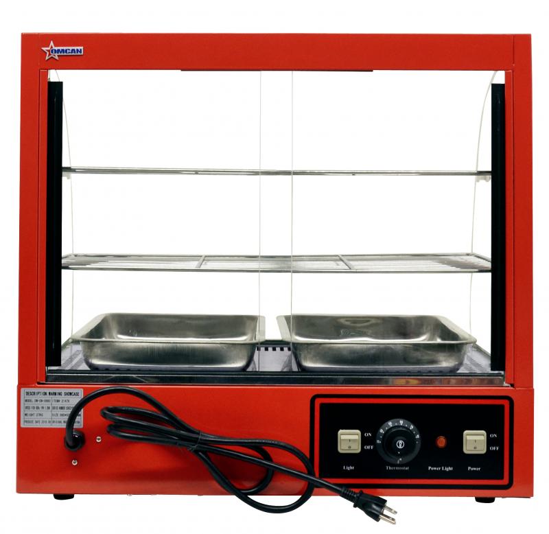 Omcan DW-CN-0660 26 In. Countertop Curved Glass Display Warmer, 1,200W, Includes Pans
