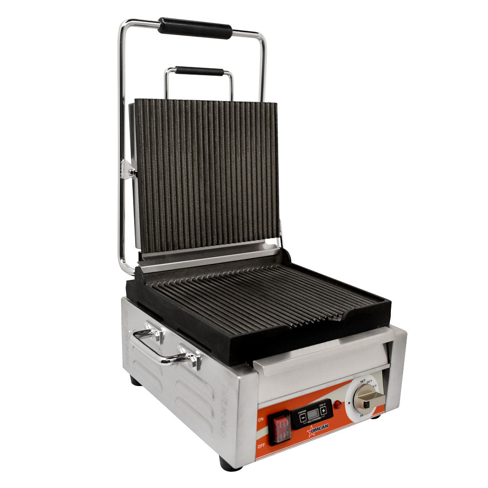 Omcan PG-CN-0515-RT Single Panini Grill, 10" x 11" Grooved/Grooved Plates, 1,800W with Timer