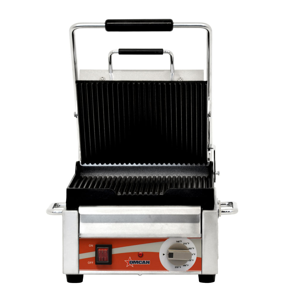 Omcan PG-CN-0515 Single Panini Grill, 10" x 11" Grooved/Grooved Plates, 1,500W