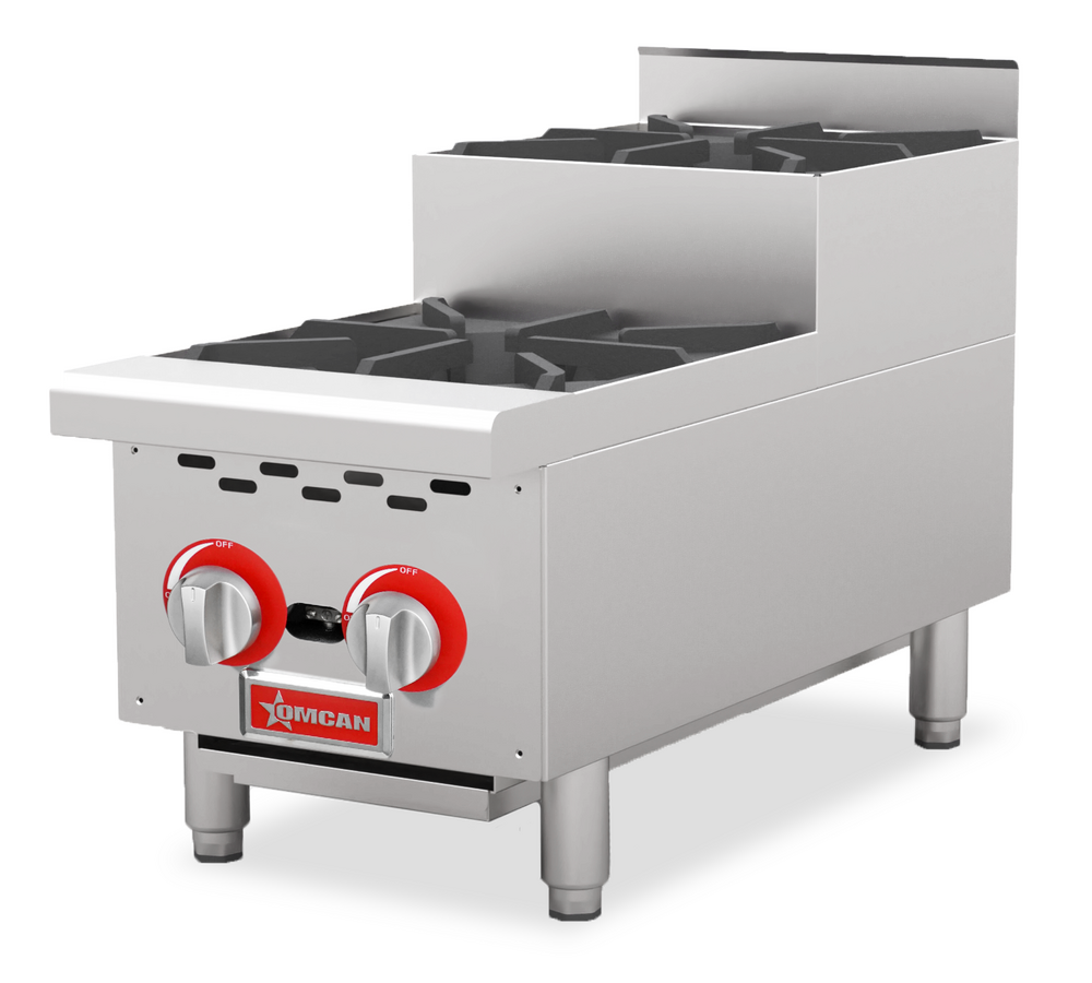 Omcan CE-CN-HP12-S 12 In. Countertop Step-Up Gas Hot Plate, 2 Burners, 52,000 BTU, Open Burner Design