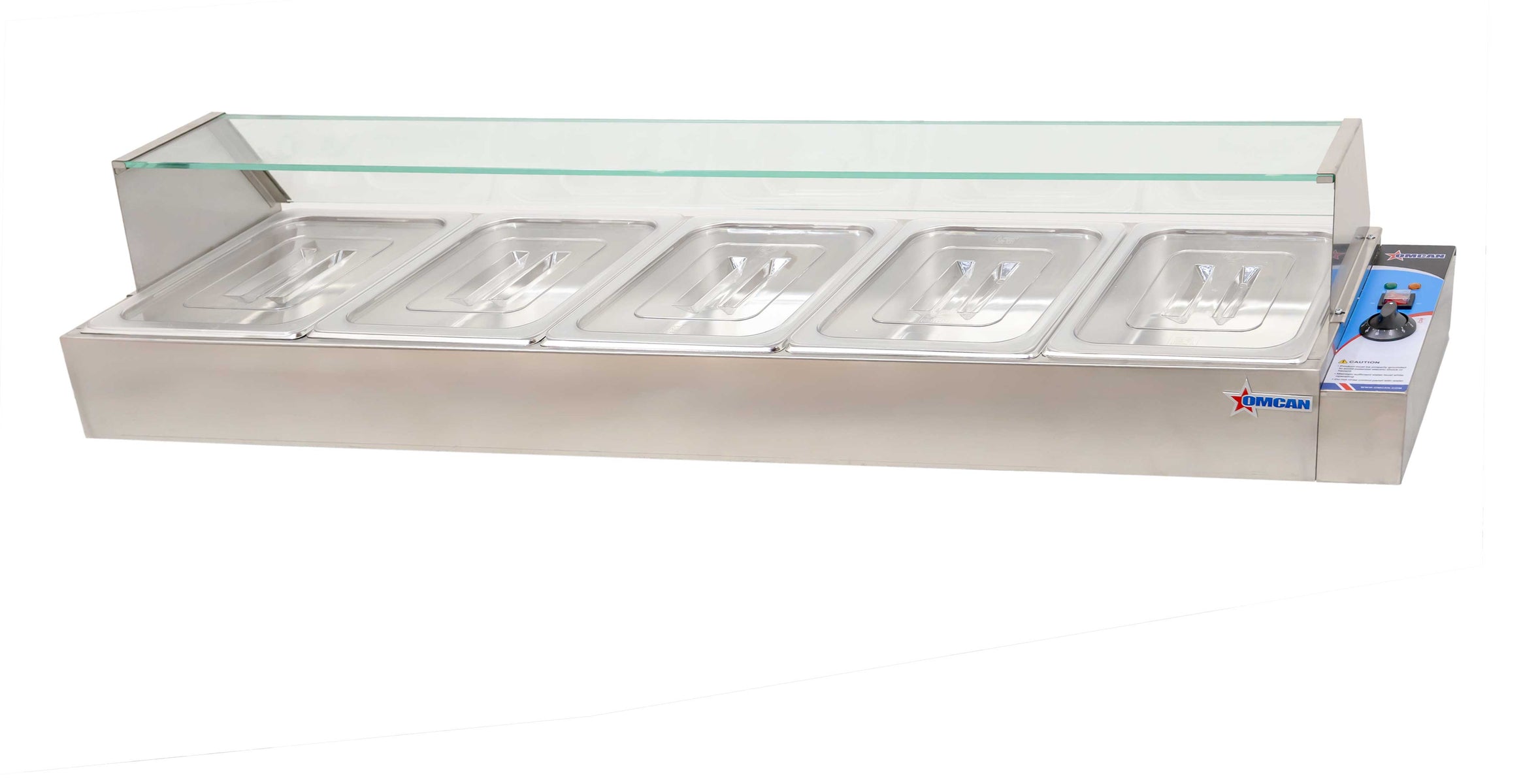 Omcan FW-CN-1435 57 In. Bain Marie, 5-Pan Capacity, 1,800W, Glass Sneeze Guard