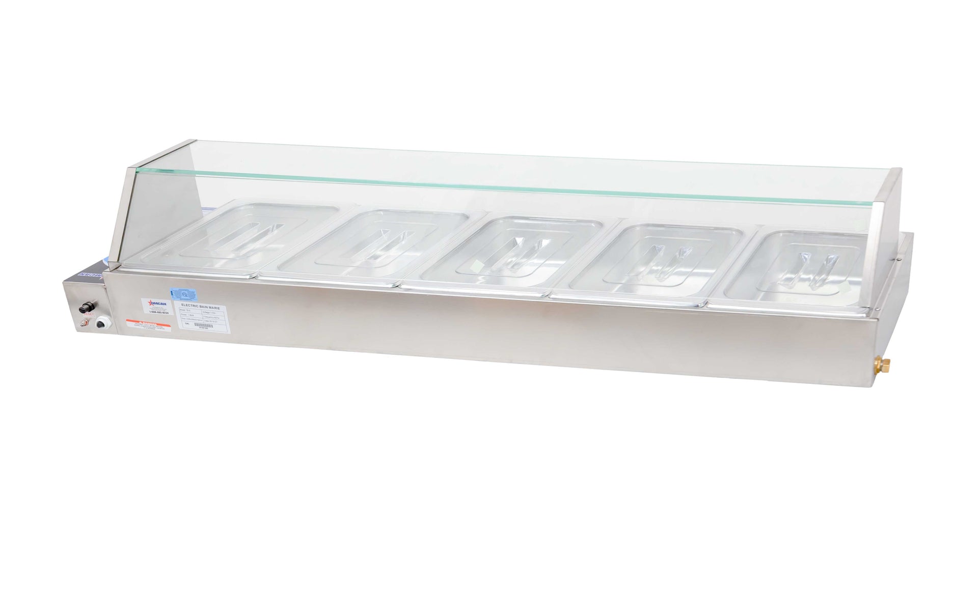 Omcan FW-CN-1435 57 In. Bain Marie, 5-Pan Capacity, 1,800W, Glass Sneeze Guard