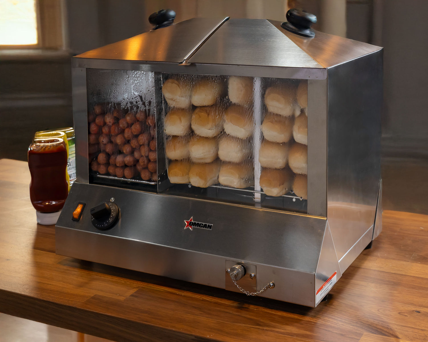 Omcan FW-CN-0100-H 18 In. Hot Dog Steamer and Bun Warmer, 100 Hot Dog / 48 Bun Capacity, 1,300W