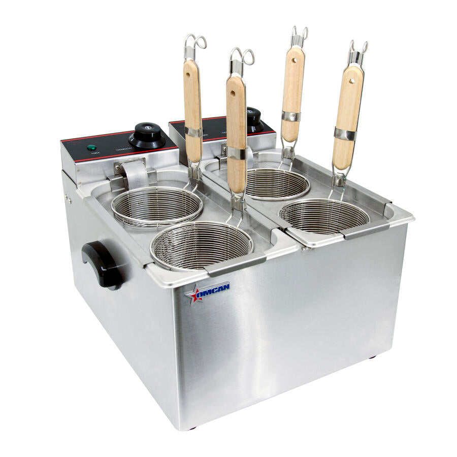 Omcan CE-CN-0004-B 16 In. Countertop Electric Pasta Cooker, 4L x 2 Tanks, 4 Round Baskets, Stainless Steel