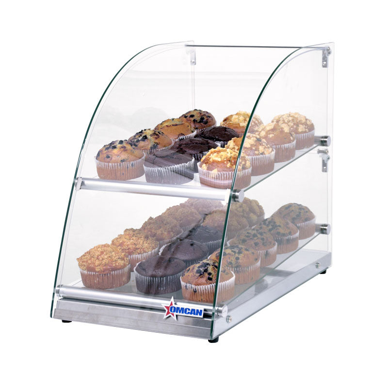 Omcan 44374 14 In. Countertop Dry Glass Display Case, 70L, Curved Front Glass, Two Shelves, Rear Opening