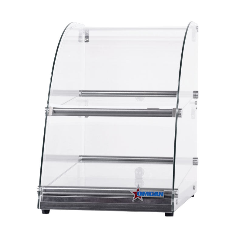 Omcan 44374 14 In. Countertop Dry Glass Display Case, 70L, Curved Front Glass, Two Shelves, Rear Opening