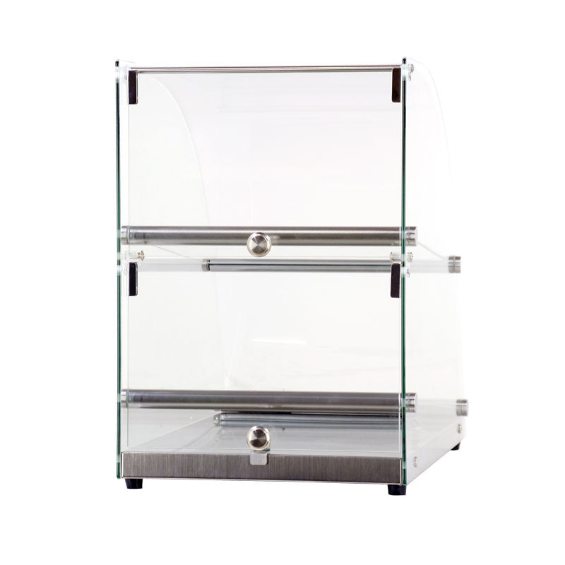 Omcan 44374 14 In. Countertop Dry Glass Display Case, 70L, Curved Front Glass, Two Shelves, Rear Opening