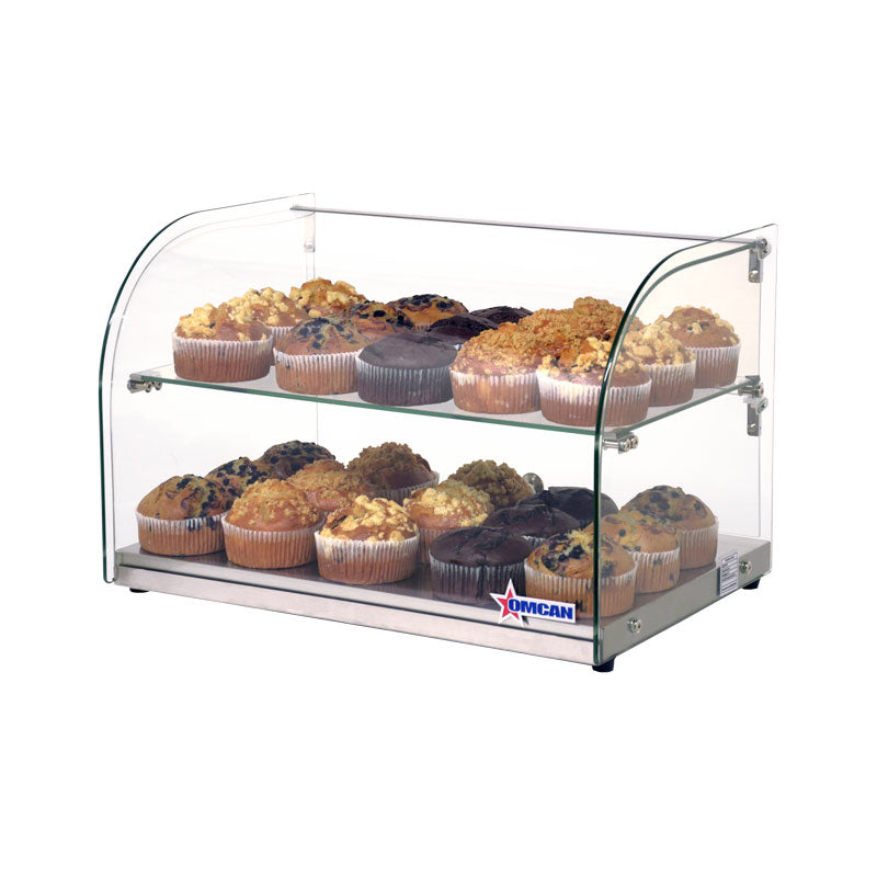 Omcan 44372 22 In. Countertop Dry Glass Display Case, 45L, Curved Front Glass, Two Shelves, Rear Opening