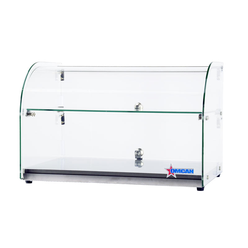 Omcan 44372 22 In. Countertop Dry Glass Display Case, 45L, Curved Front Glass, Two Shelves, Rear Opening
