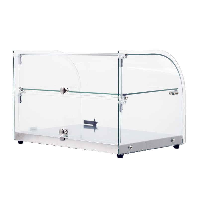 Omcan 44372 22 In. Countertop Dry Glass Display Case, 45L, Curved Front Glass, Two Shelves, Rear Opening