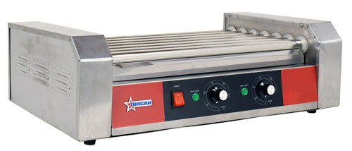Omcan CE-CN-0007-N 7-Roller Hot Dog Roller Grill, 17.9" Stainless Steel Rollers, Dual Zone Control