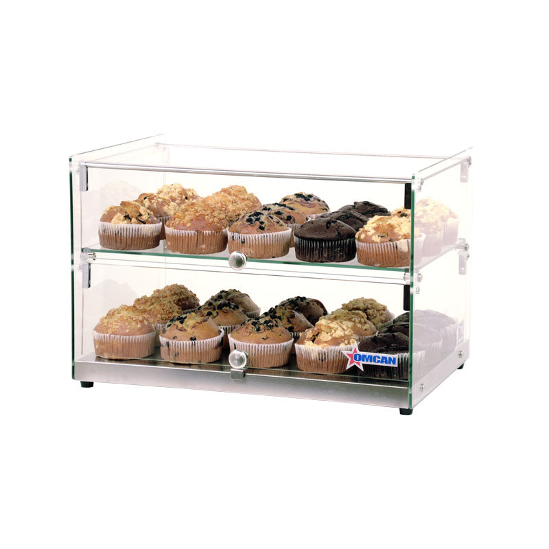 Omcan 44373 22 In. Countertop Dry Glass Display Case, 50L, Square Front Glass, Two Shelves, Front/Rear Opening