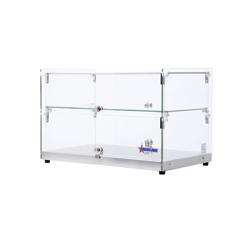 Omcan 44373 22 In. Countertop Dry Glass Display Case, 50L, Square Front Glass, Two Shelves, Front/Rear Opening