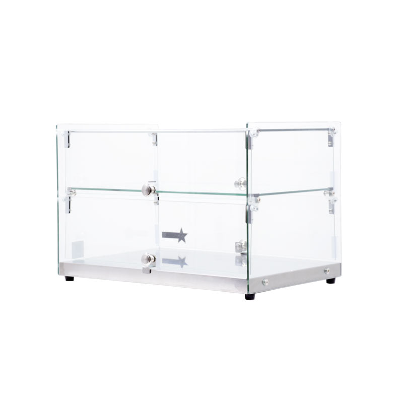 Omcan 44373 22 In. Countertop Dry Glass Display Case, 50L, Square Front Glass, Two Shelves, Front/Rear Opening
