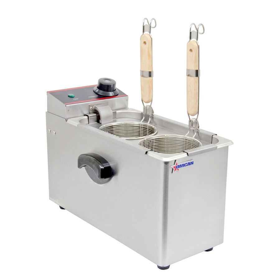 Omcan RE-CN-0002-B 8 In. Countertop Electric Pasta Cooker, 4L Single Tank, 2 Round Baskets, Stainless Steel