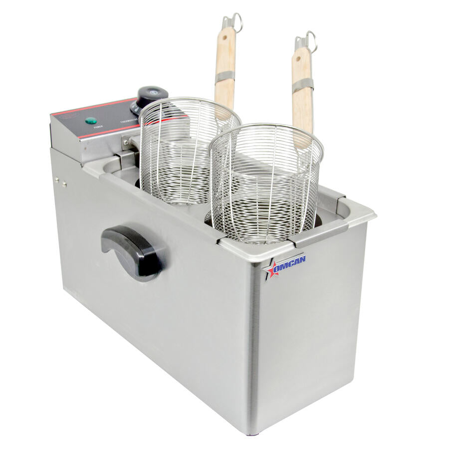 Omcan RE-CN-0002-B 8 In. Countertop Electric Pasta Cooker, 4L Single Tank, 2 Round Baskets, Stainless Steel