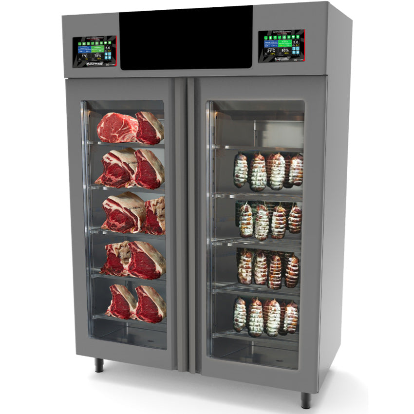 Omcan 44989 STGTWCOMB 58" Combo Stagionello and Maturmeat Cabinet, 100+220.5 lb, Stainless Steel, ClimaTouch and Fumotic