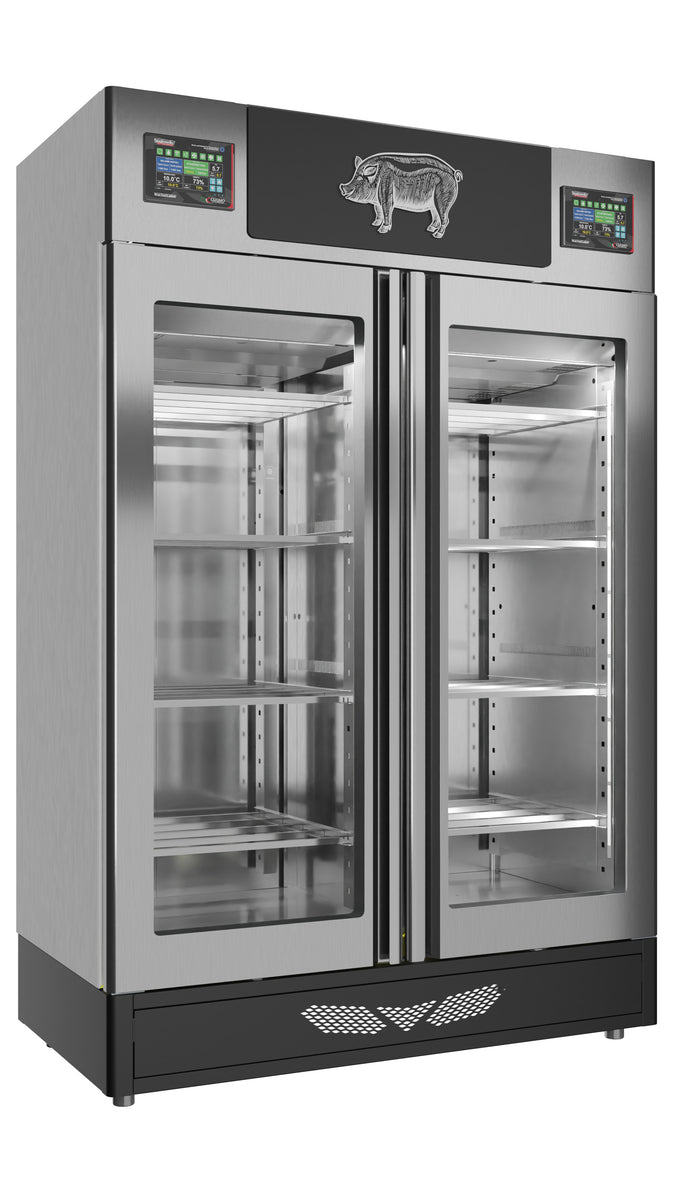 Omcan 41262 57" Stagionello Twin Curing Cabinet, 220+220 Lb Capacity, Dual Chambers, ClimaTouch, Fumotic, Stainless Steel