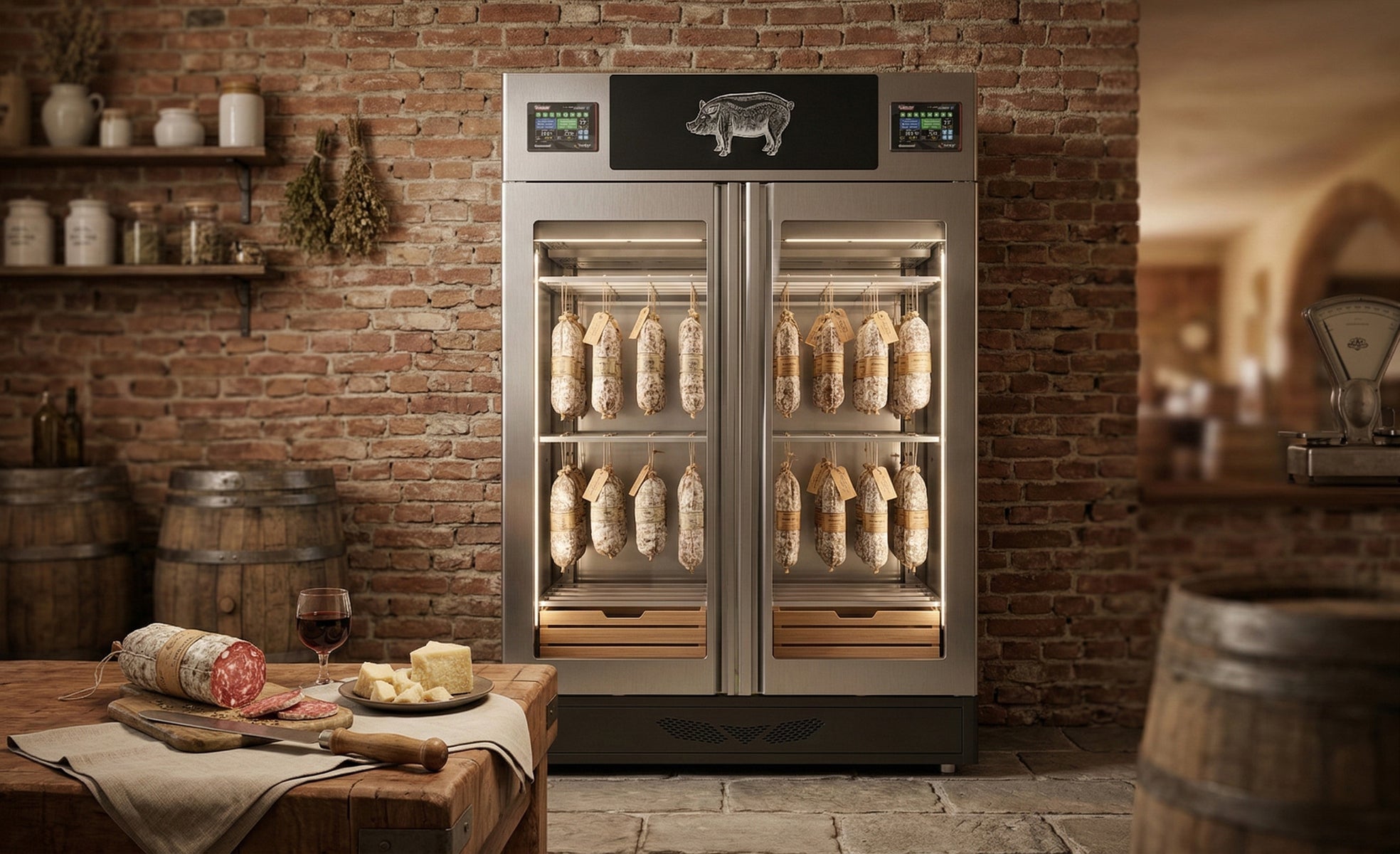 Omcan 41262 57" Stagionello Twin Curing Cabinet, 220+220 Lb Capacity, Dual Chambers, ClimaTouch, Fumotic, Stainless Steel