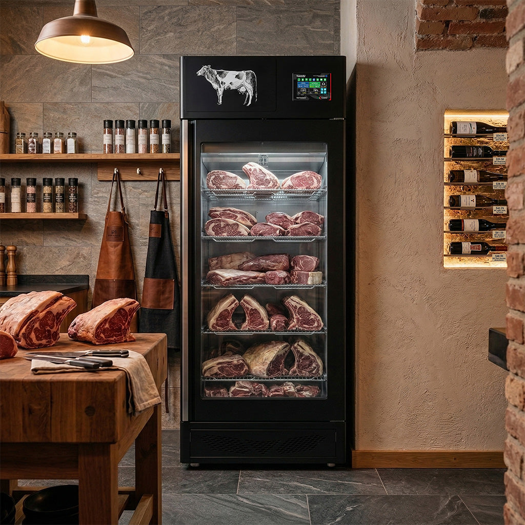 Omcan 46184 Maturmeat® MATC150TW Dry Aging Cabinet with ClimaTouch® and Fumotic®, 330 lb Capacity, Black, Stainless Steel