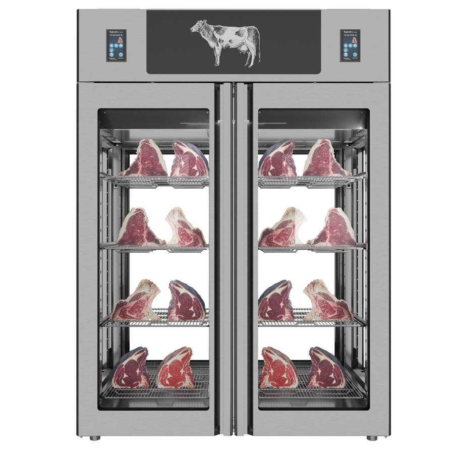 Omcan 48048 Stagionello® Dry Age 3.0 TWIN 1400L 4-Glass View Display Cabinet with Dry Age Control, 330 + 330 lb Capacity, Stainless Steel