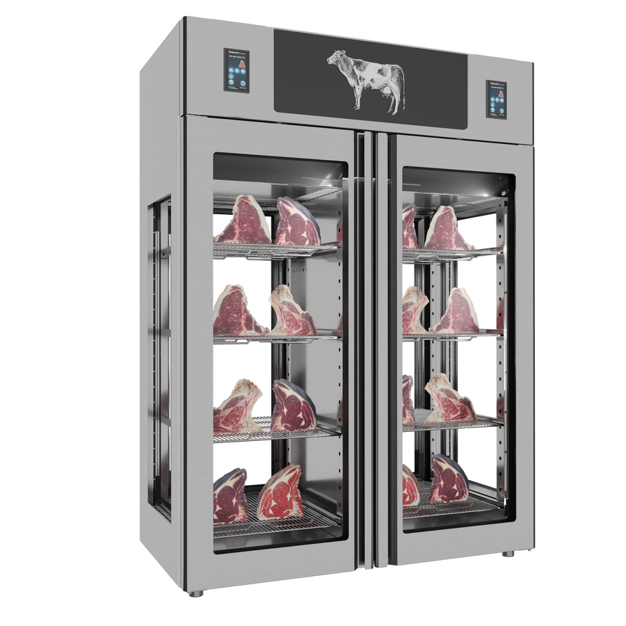 Omcan 48048 Stagionello® Dry Age 3.0 TWIN 1400L 4-Glass View Display Cabinet with Dry Age Control, 330 + 330 lb Capacity, Stainless Steel