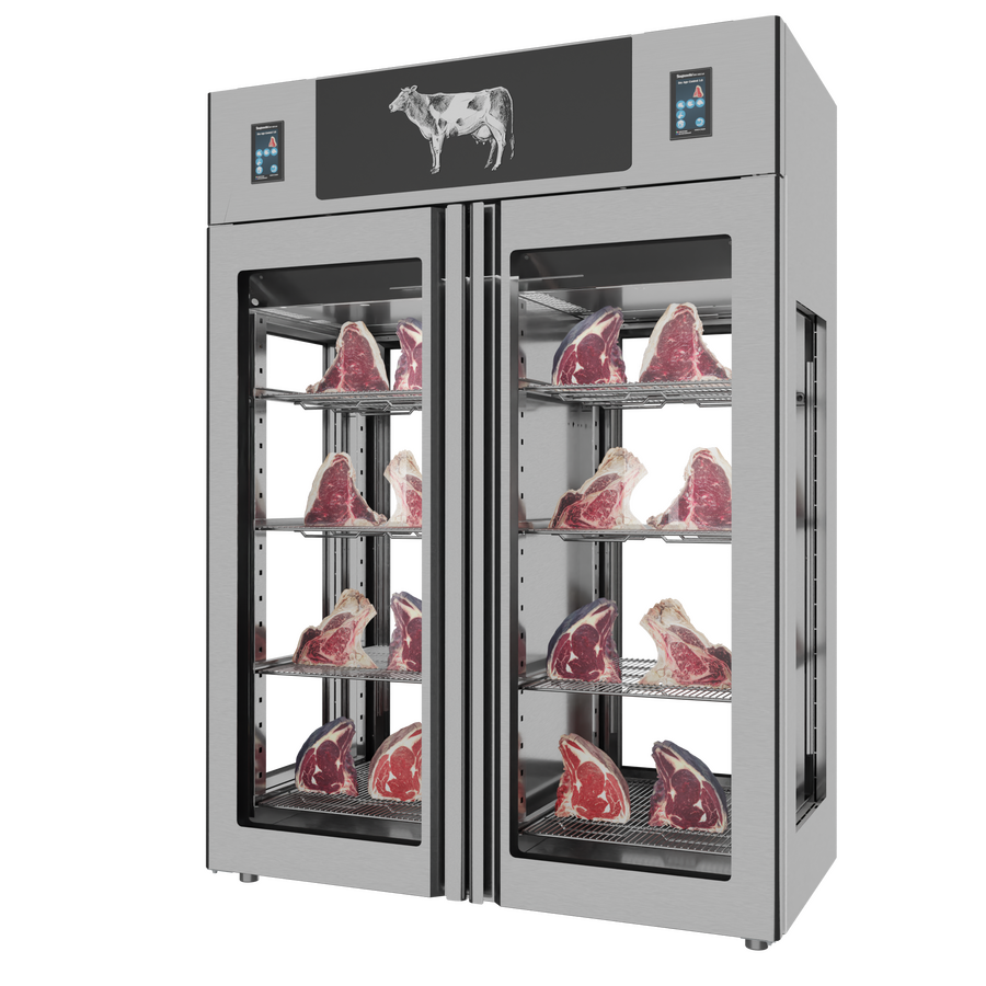 Omcan 48048 Stagionello® Dry Age 3.0 TWIN 1400L 4-Glass View Display Cabinet with Dry Age Control, 330 + 330 lb Capacity, Stainless Steel