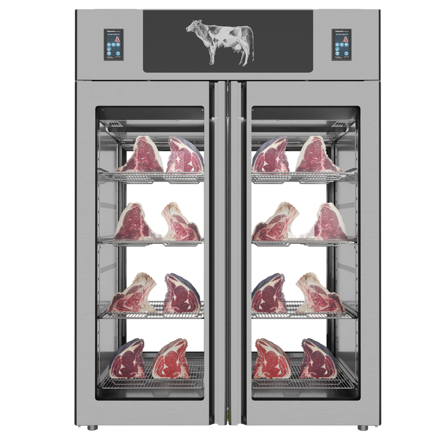 Omcan 48047 Stagionello® Dry Age 3.0 TWIN 1400L 2-Glass View Cabinet with Dry Age Control, 330 + 330 lb Capacity, Stainless Steel