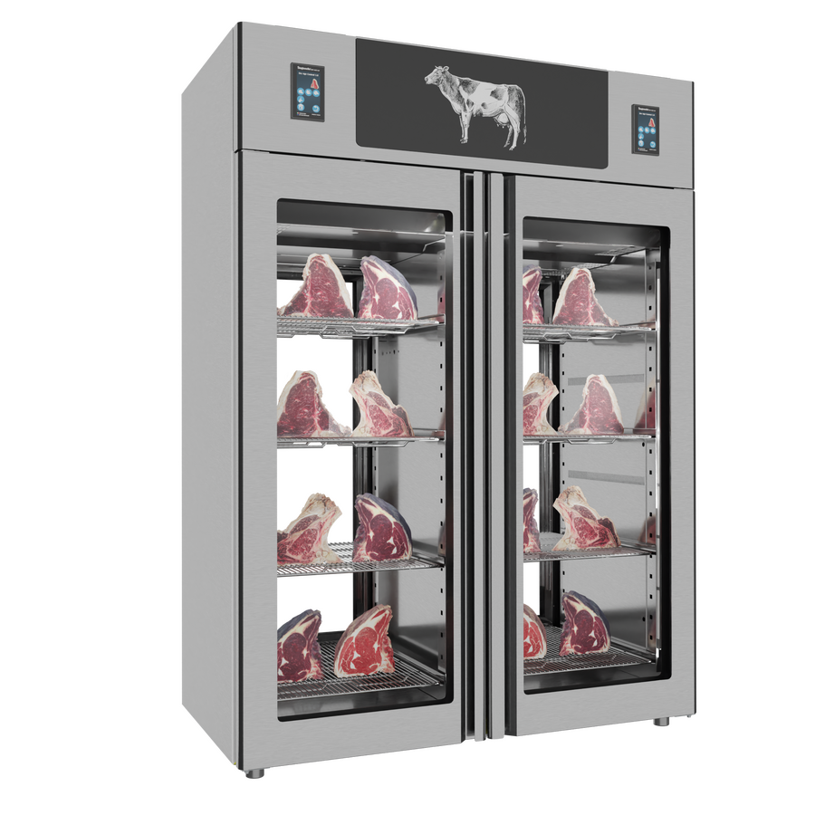 Omcan 48047 Stagionello® Dry Age 3.0 TWIN 1400L 2-Glass View Cabinet with Dry Age Control, 330 + 330 lb Capacity, Stainless Steel