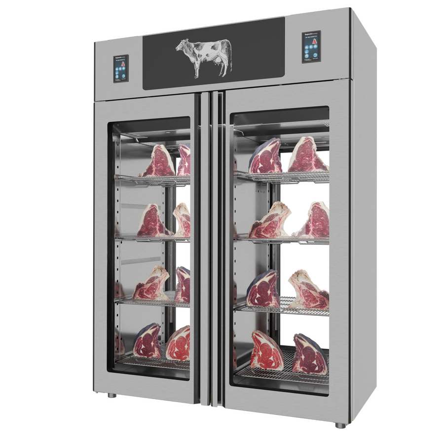 Omcan 48047 Stagionello® Dry Age 3.0 TWIN 1400L 2-Glass View Cabinet with Dry Age Control, 330 + 330 lb Capacity, Stainless Steel