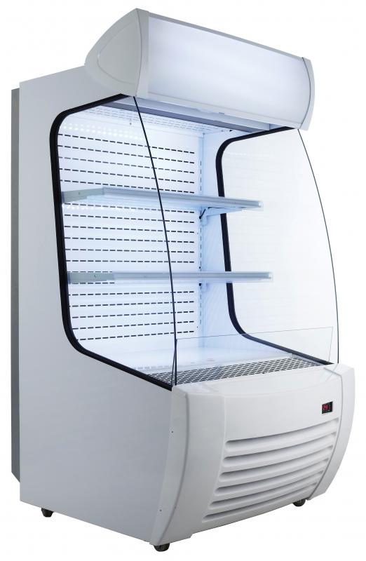 Omcan 41465 34 In. Open Refrigerated Floor Display, Ventilated Cooling, Night Curtain, LED Lighting