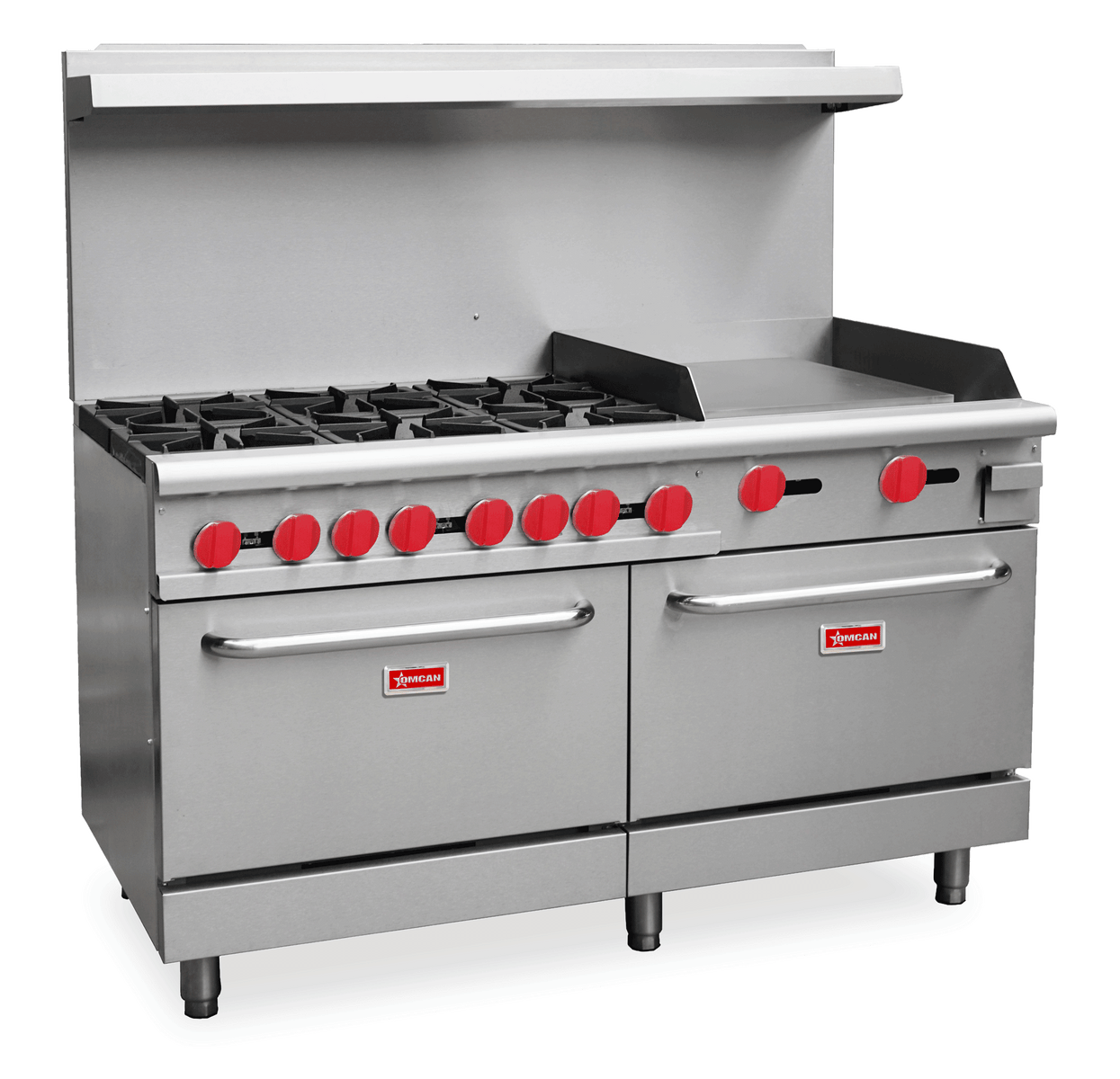 Omcan CE-CN-0006-GN 60 In. Commercial Natural Gas Range with 6 Burners, 24 In. Griddle, and 2 Standard Ovens, 282,000 BTU, Stainless Steel