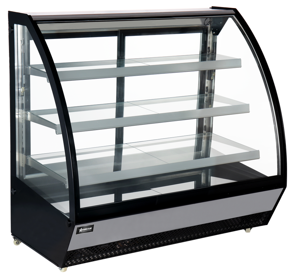 Omcan RS-CN-0860 60 In. Curved Glass Refrigerated Floor Showcase, Digital Controller, Ventilated Cooling, R290 Refrigerant