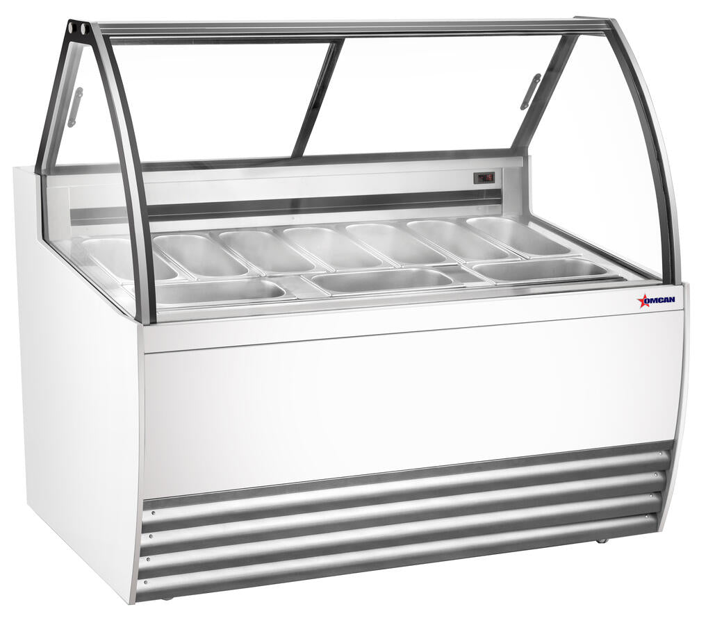 Omcan 47498 10-Pan White Gelato Display Showcase with Curved Glass and LED Lighting, 110-120V