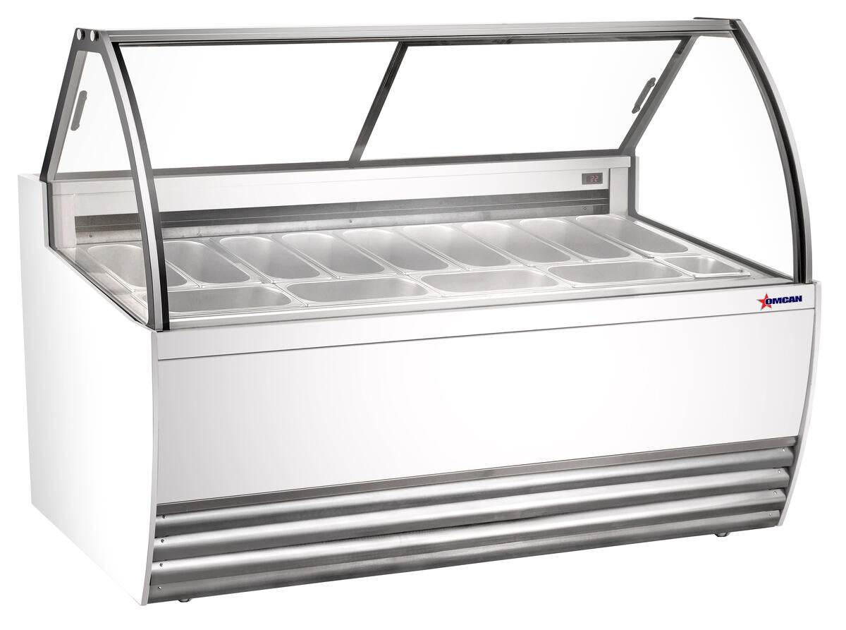 Omcan 47572 13-Pan White Gelato Display Showcase with Curved Glass and LED Lighting, 110-120V