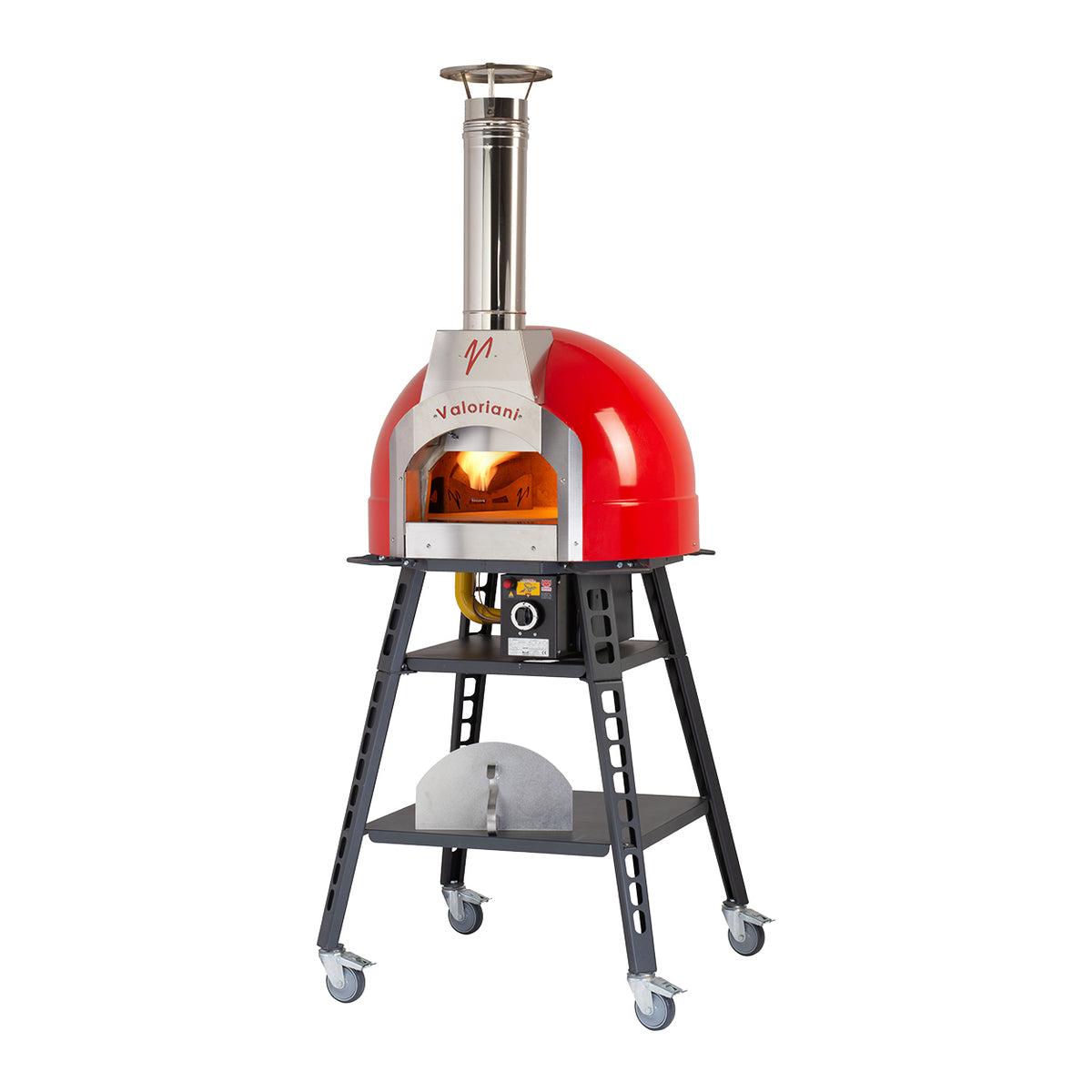 Omcan 48144 Valoriani Baby 60 Red Metal Dome Wood and Gas Fired Pizza Oven, Refractory Stone, 1 Pizza Capacity
