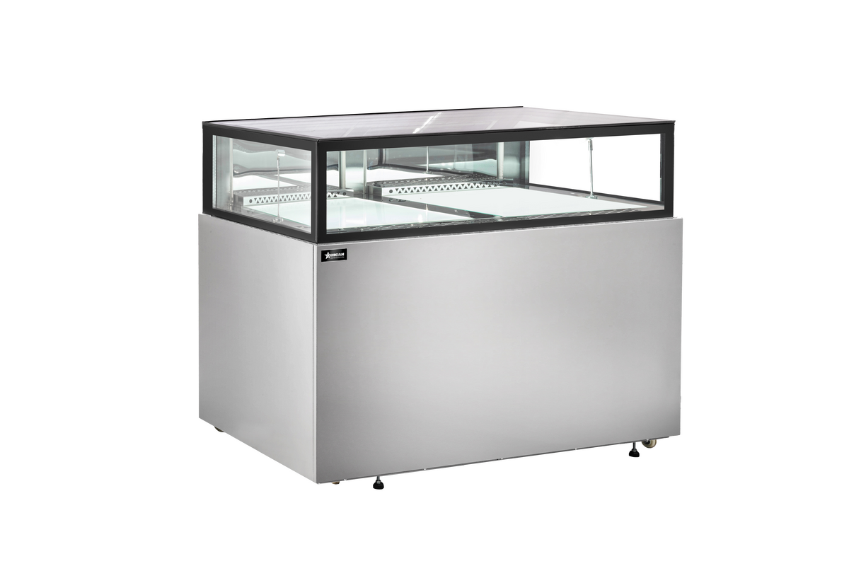Omcan RE-CN-0060 60 In. Flat Top Refrigerated Display Showcase, 16.7 cu. ft., Glass Drawer Shelves, Stainless Steel