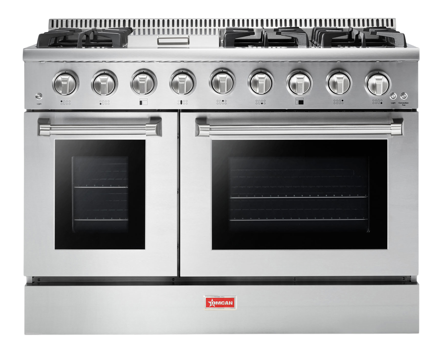 Omcan CE-CN-4808U 48 In. Dual Oven Gas Range, 6 Sealed Burners with Griddle, 135,000 BTU, Natural Gas
