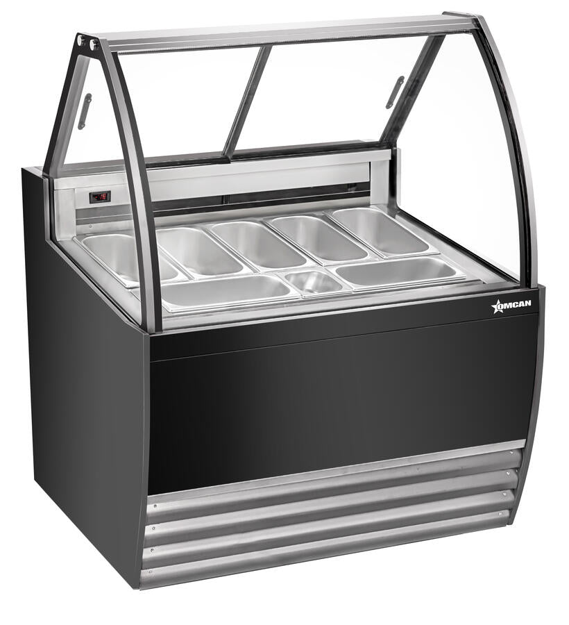 Omcan 49006 7-Pan Black Gelato Display Showcase with Curved Glass and LED Lighting, 110-120V