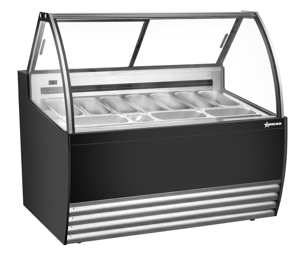 Omcan 49007 10-Pan Black Gelato Display Showcase with Curved Glass and LED Lighting, 110-120V