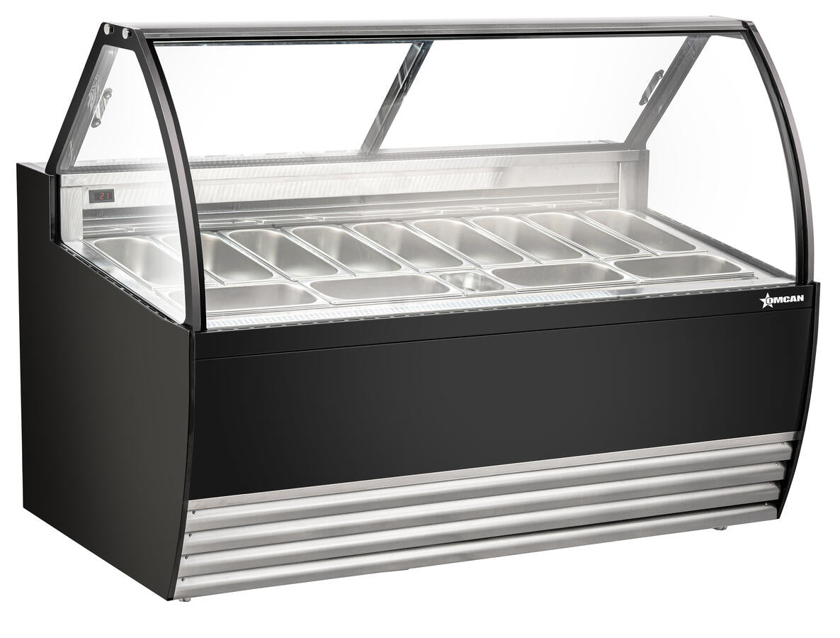 Omcan 49008 13-Pan Black Gelato Display Showcase with Curved Glass and LED Lighting, 110-120V