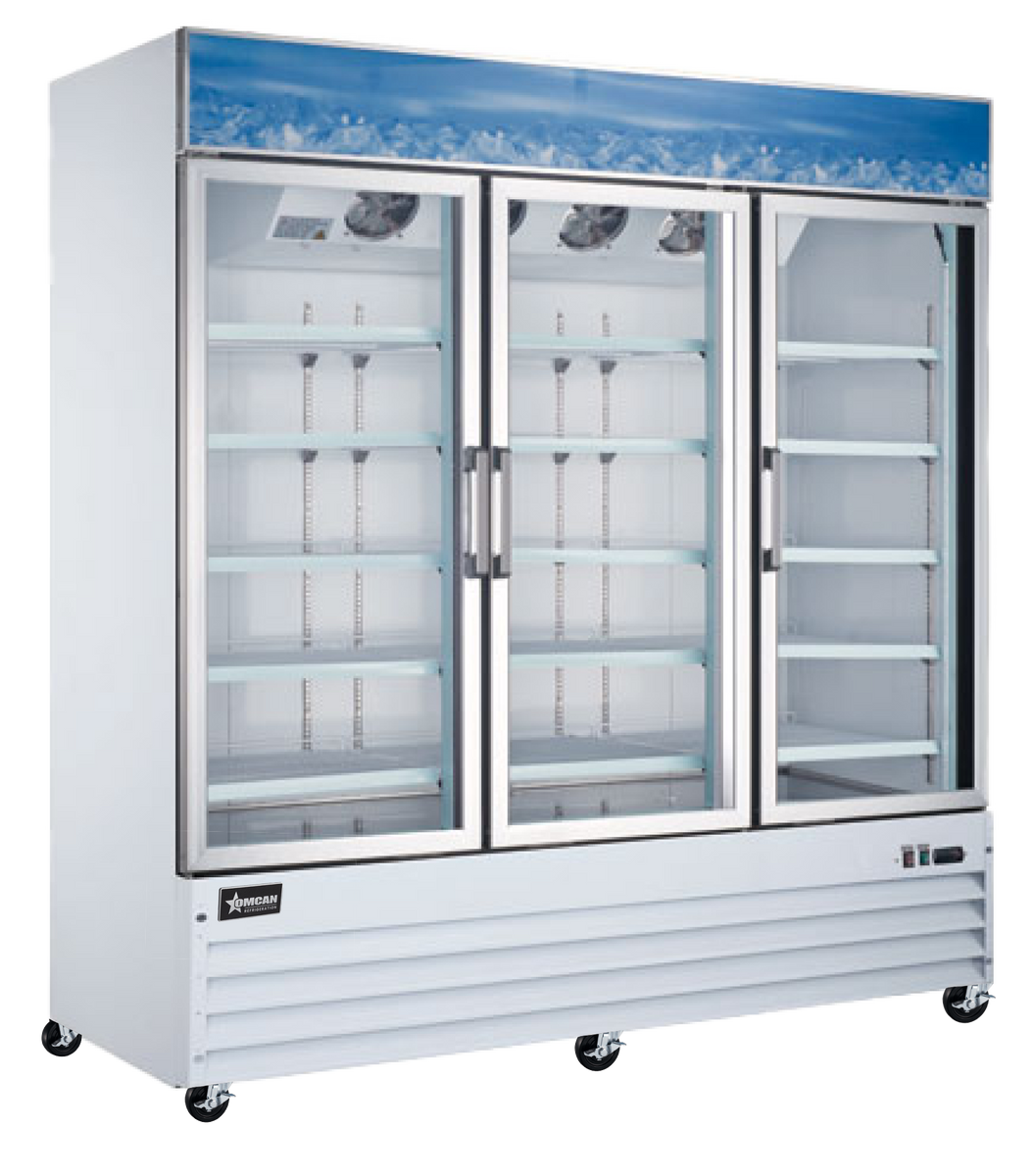 Omcan FR-CN-0052-HC 80 In. White Glass Doors Display Freezer, 52.3 Cu. Ft., Self-Closing, LED Lighting