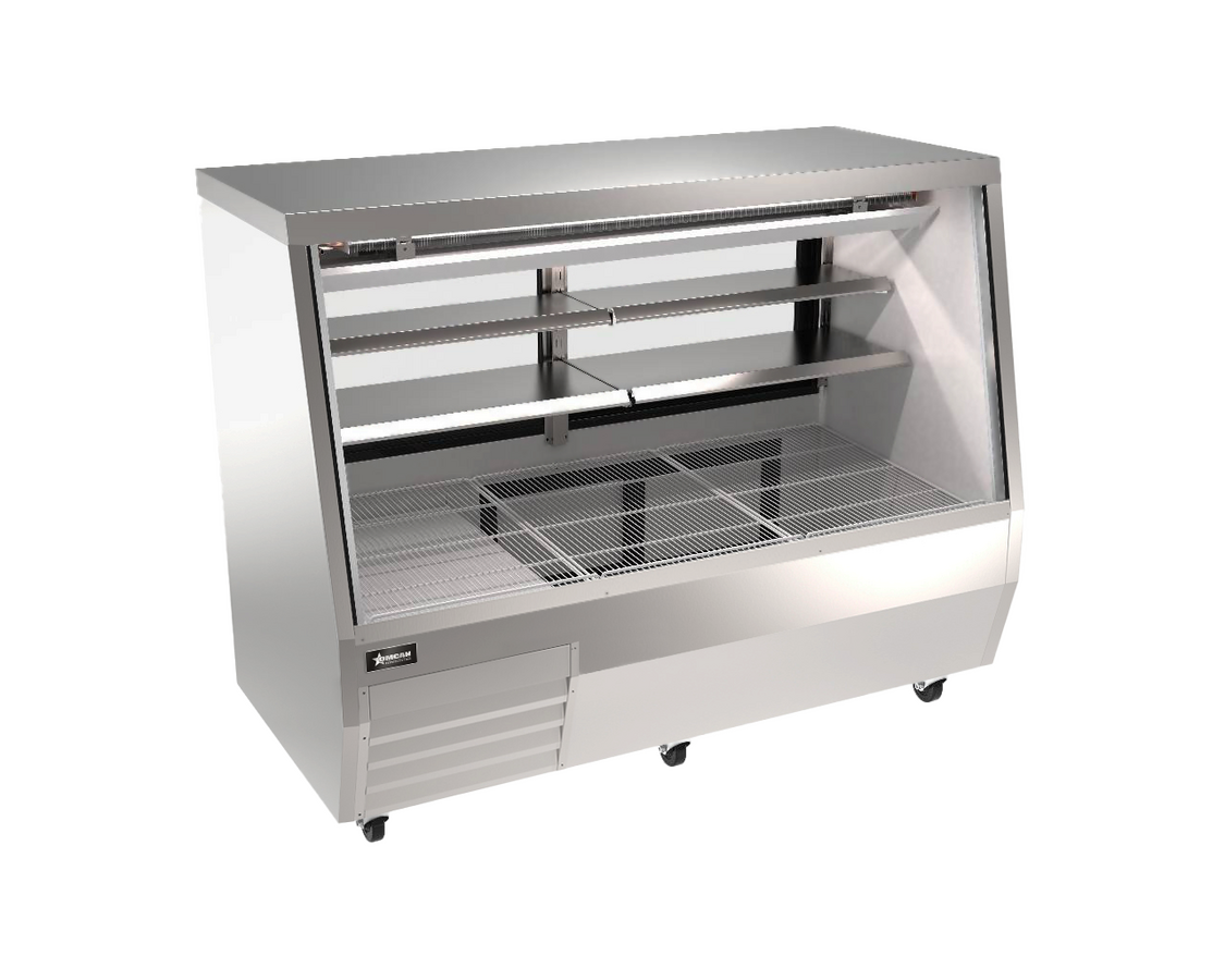 Omcan RS-CN-0071D-SS 70 In. Square Glass Refrigerated Double-Duty Deli Case, 30.06 Cu. Ft., LED Lighting, Stainless Steel