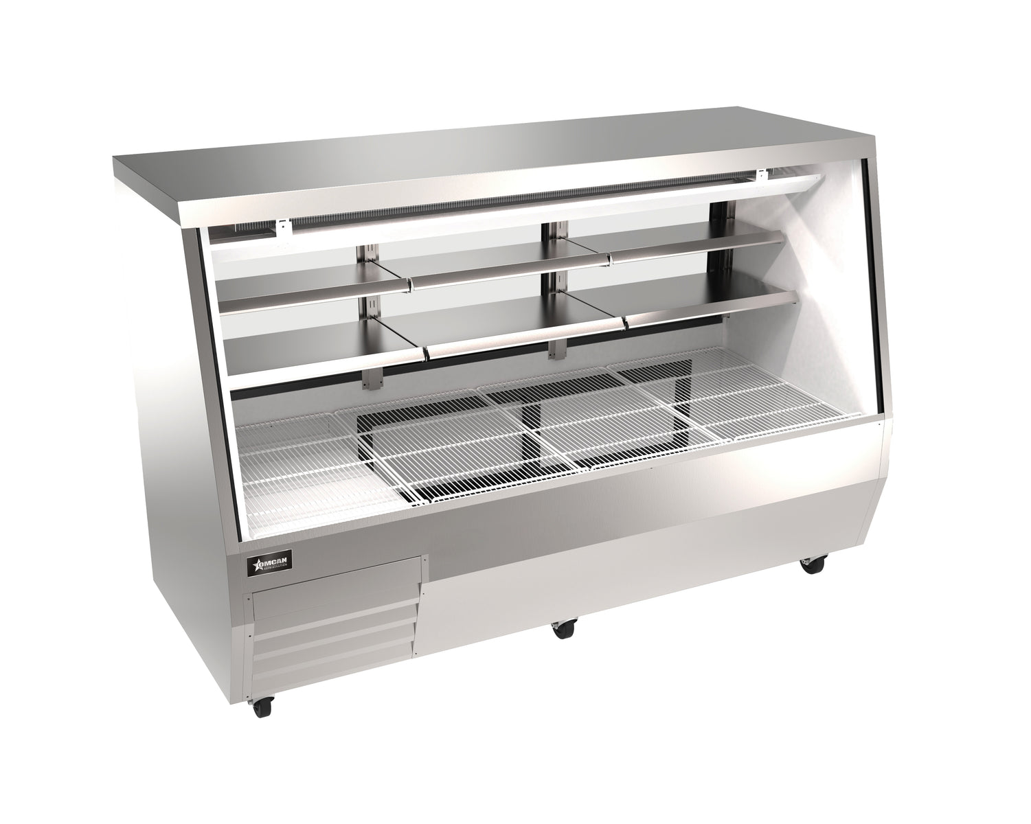 Omcan RS-CN-0084D-SS 84 In. Square Glass Refrigerated Double-Duty Deli Case, 35.92 Cu. Ft., LED Lighting, Stainless Steel