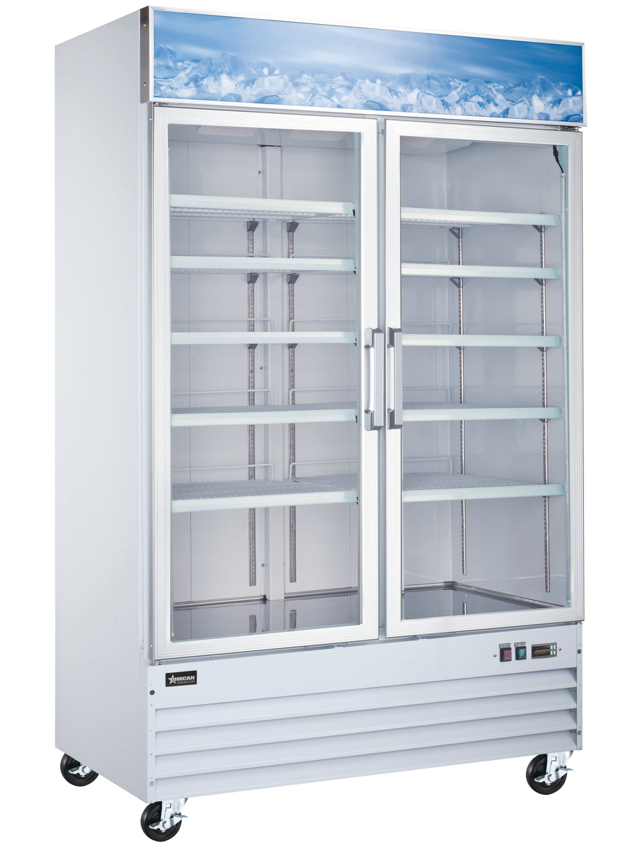 Omcan FR-CN-0045-HC 53 In. White Glass Doors Display Freezer, 45 Cu. Ft., Self-Closing, LED Lighting