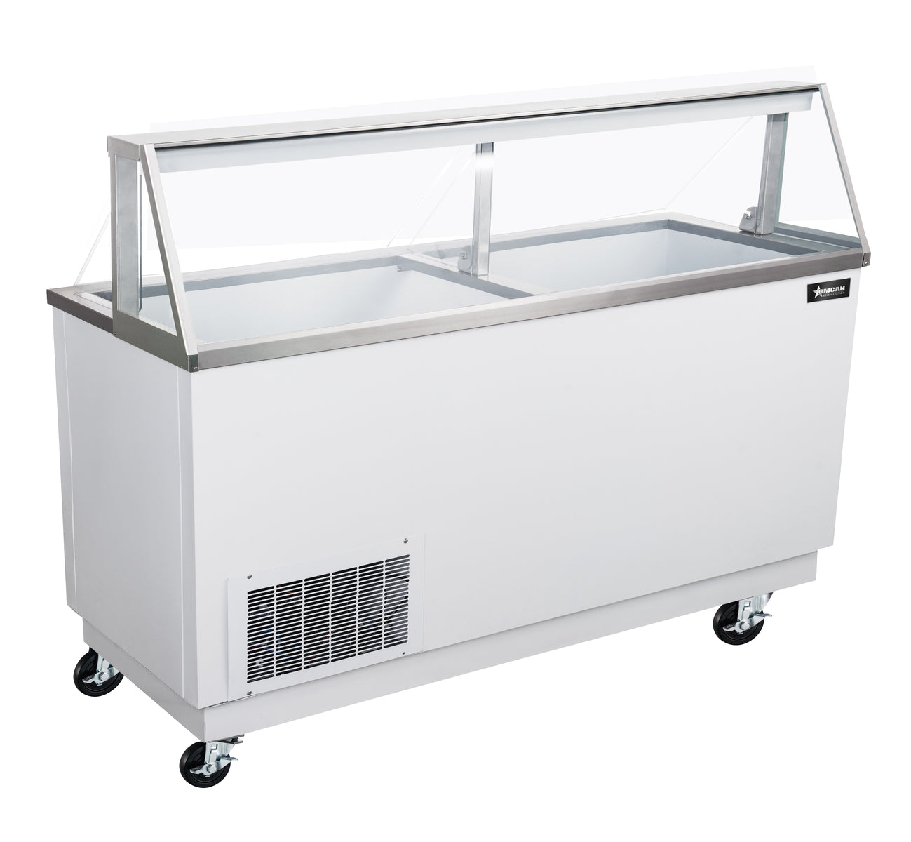 Omcan FR-CN-0089 89 In. Ice Cream Dipping Freezer with Sneeze Guard, 16 Display Tubs + 12 Storage, Sliding Doors