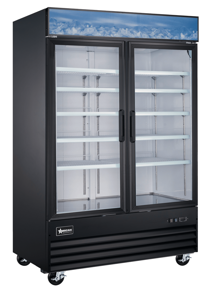 Omcan FR-CN-0045-HC-BK 53 In. Black Glass Doors Display Freezer, 45 Cu. Ft., Self-Closing, LED Lighting