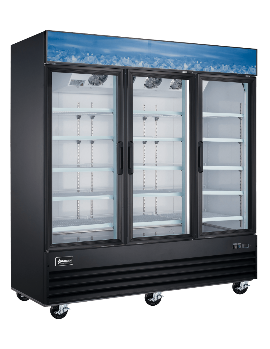 Omcan FR-CN-0052-HC-BK 80 In. Black Glass Doors Display Freezer, 52.3 Cu. Ft., Self-Closing, LED Lighting